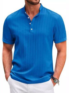 Summer Stand Collar Buttons Short Sleeve T-shirt Solid Color Stripe Polo For Men